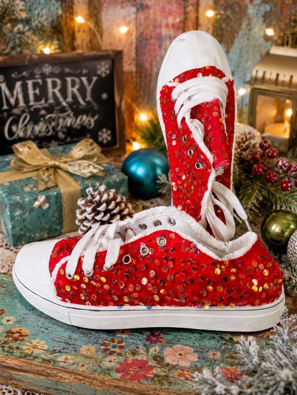 Red Sequin Sparkle Sneakers Size 42, Fits US 9, Christmas Holiday, NEW